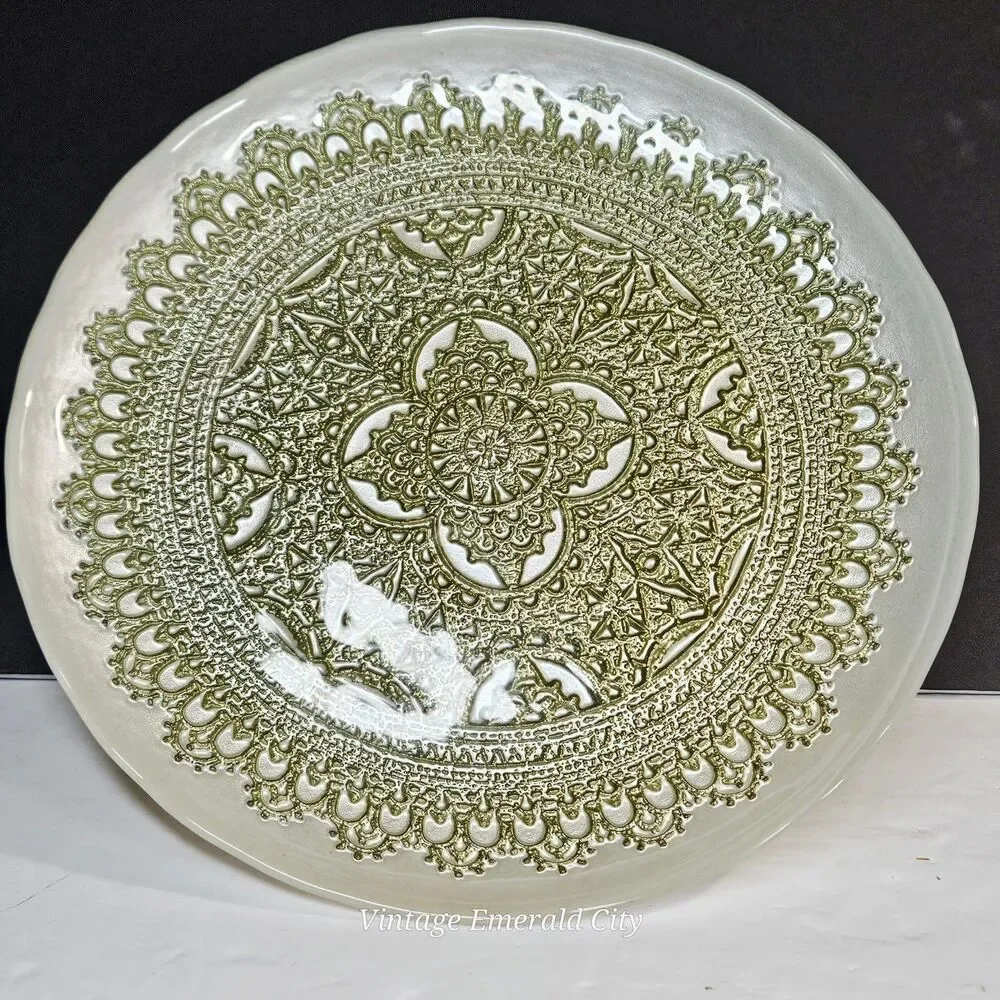 Vtg Turkish Glass White Cake Stand Pedestal Dessert Serving Platter Gold Lace